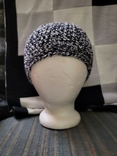 Unisex Crochet Beanie. Blue White Variegated. Soft Stretchy. USA Made.