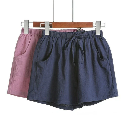 Pantaloni corti larghi donna cotone lino casual gamba larga coulisse vita - Foto 1 di 31