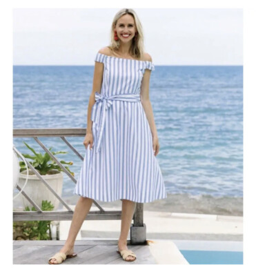 draper james blue and white striped dress Off the Shoulder Midi Size 10 Belted NWT Size:6XLarge Elegant Knit Midi Dress brown polka dot dress Gown 2% Spandex Pockets Machine