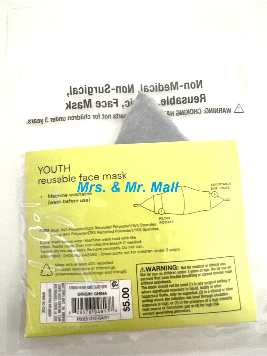 All In Motion Youth Reusable Face Masks 6 pks Filter Pocket One