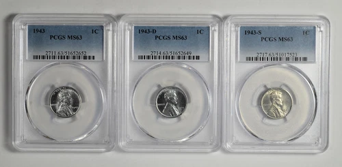 1943 P D S 1c Lincoln Steel Wheat Cent PCGS MS 63 Three Coin Lot Just Graded