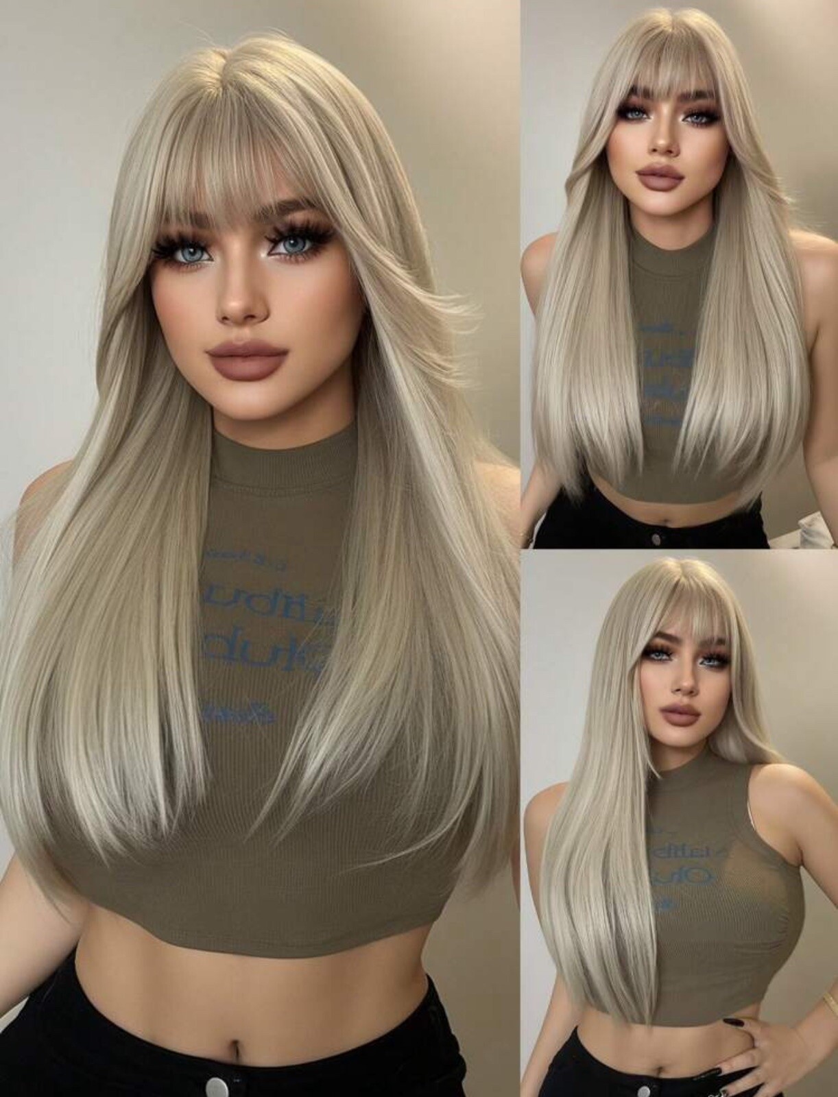 Perruque synthétique longue contre la perte de cheveux, blond doré lisse à frange et 4 accessoires
