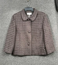 Le Suit Blazer Womens 14 Brown Houndstooth Peter Pan Collar 3 Button Textured