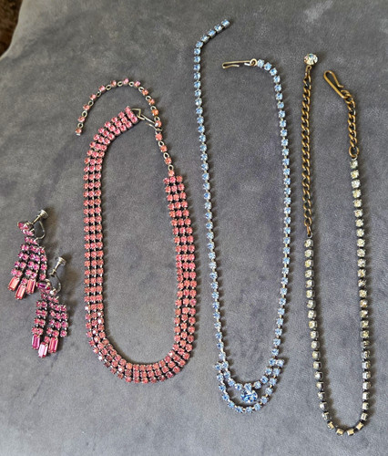 Rhinestone Jewelry Lot Pink Blue Necklace Earrings Vintage Style Unmarked