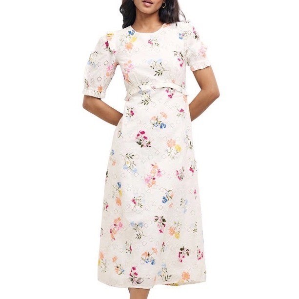 Nobody's Child White Floral Eyelet Organic Cotton Midi Dress Size 14