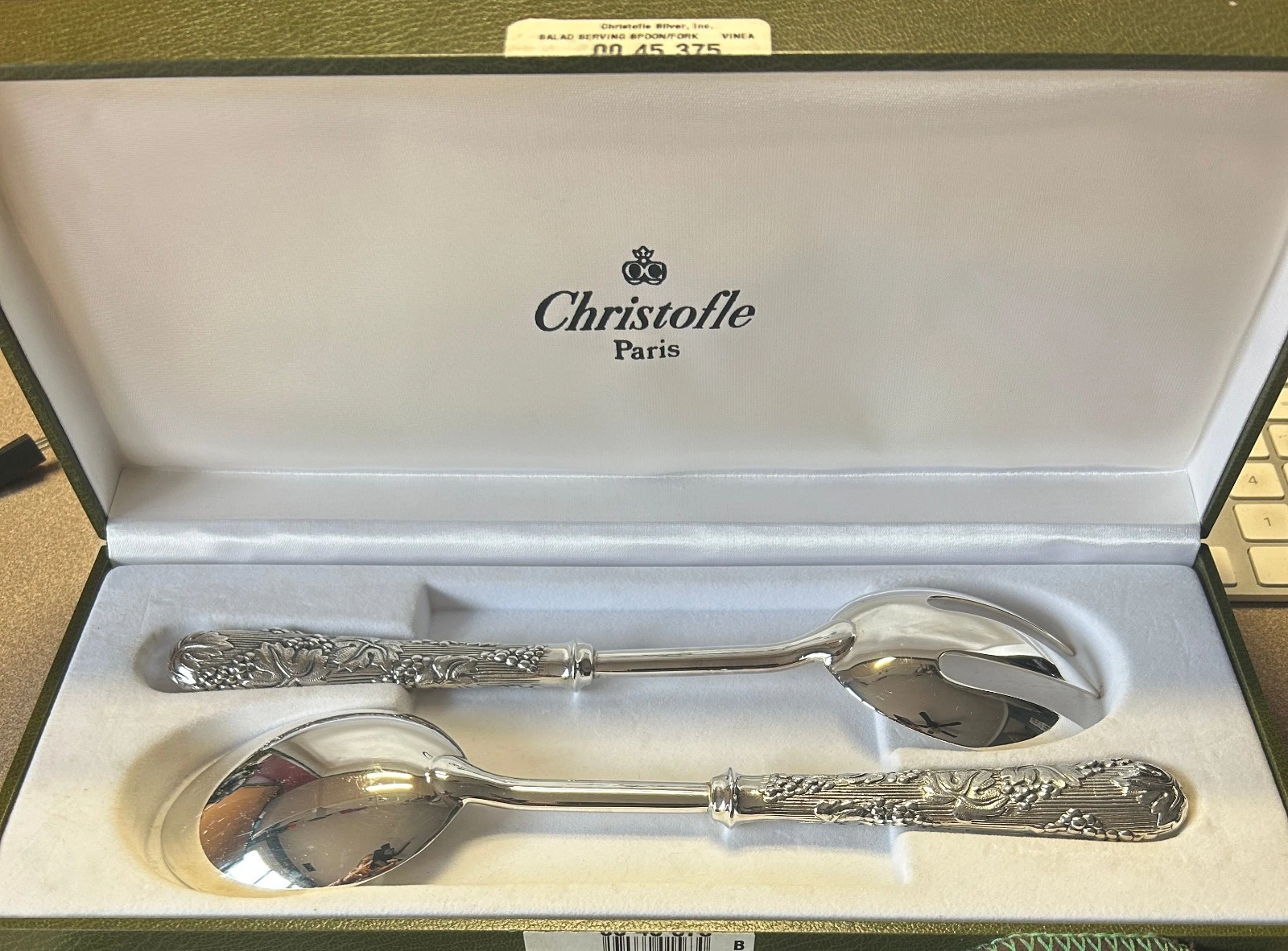 Christofle Salad Serving Spoon/Fork - Rare Vinea Pattern in Original Box