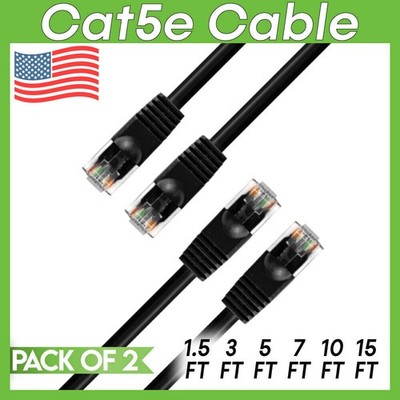 2 PACK Cat5e Cable Black Cat 5 Patch Cord Ethernet RJ45 Connectors LAN Wire