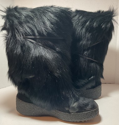 Luxury Oscar Vera Gomma Sport  Black Fur Leather Boots Apres Ski Sz 38 US 7.5