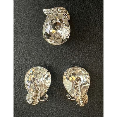 Vintage EISENBERG Pendant Earrings Set Rhinestone Clip Ons Silver Tone