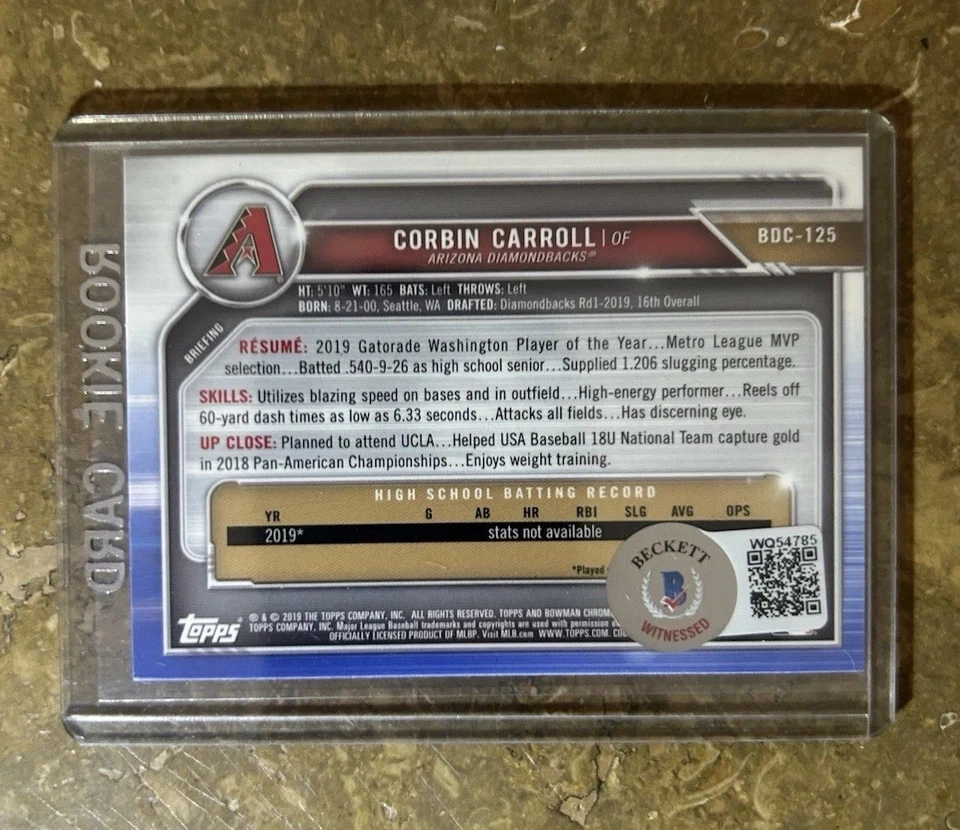 2019 Bowman Draft - Chrome Draft Pick Auto Corbin Carroll #CDA-CC (AU, RC) BGS ✅ - Image 2 of 4