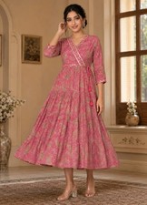 Pink Bandhani Printed Gota Patti Ethnic A-line Maxi dress for women