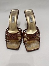 MOSCHINO Brown Gold Strappy Square Toe Slip On Cut-Out Leather Women's Heel