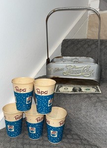 Vintage PEPSI COLA Metal Tin  6-Pack Bottle CADDY + BONUS! 5-VINTAGE •10oz  CUPS