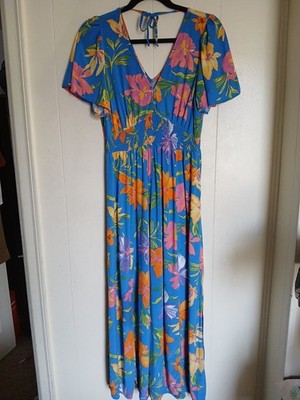 Anthropologie Abel The Label Tropical Floral Maxi Dress Sz Medium Flutter Sleeve