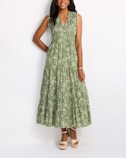 Vince Camuto Women's Sleeveless  Tiered Crochet Trim Maxi Dress Olive Size: XL