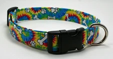 Bones & Paw Prints on Tie-Dye Dog Collar Adjustable Handmade Custom Designer