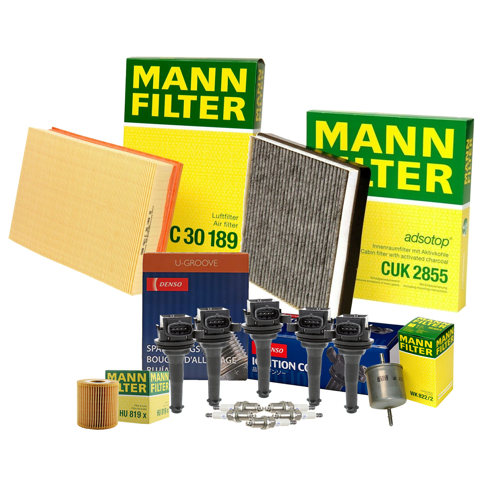 Mann Filter Denso 5 Coil 5 U-Groove Spark Plugs Tune Up Kit For S60 V70 FWD L5