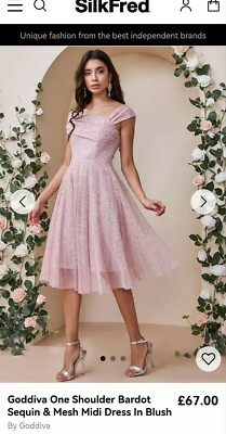 Goddiva One Shoulder Bardot Sequin Mesh Midi Dress Blush Pink Ocassion  Bridesmai UK