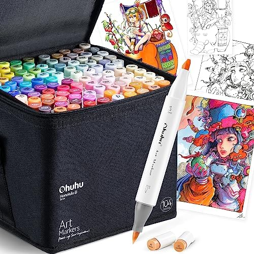 Ohuhu Illustration Marker Pen Set Brush Type 104 color Brush & Chisel Twin Tip