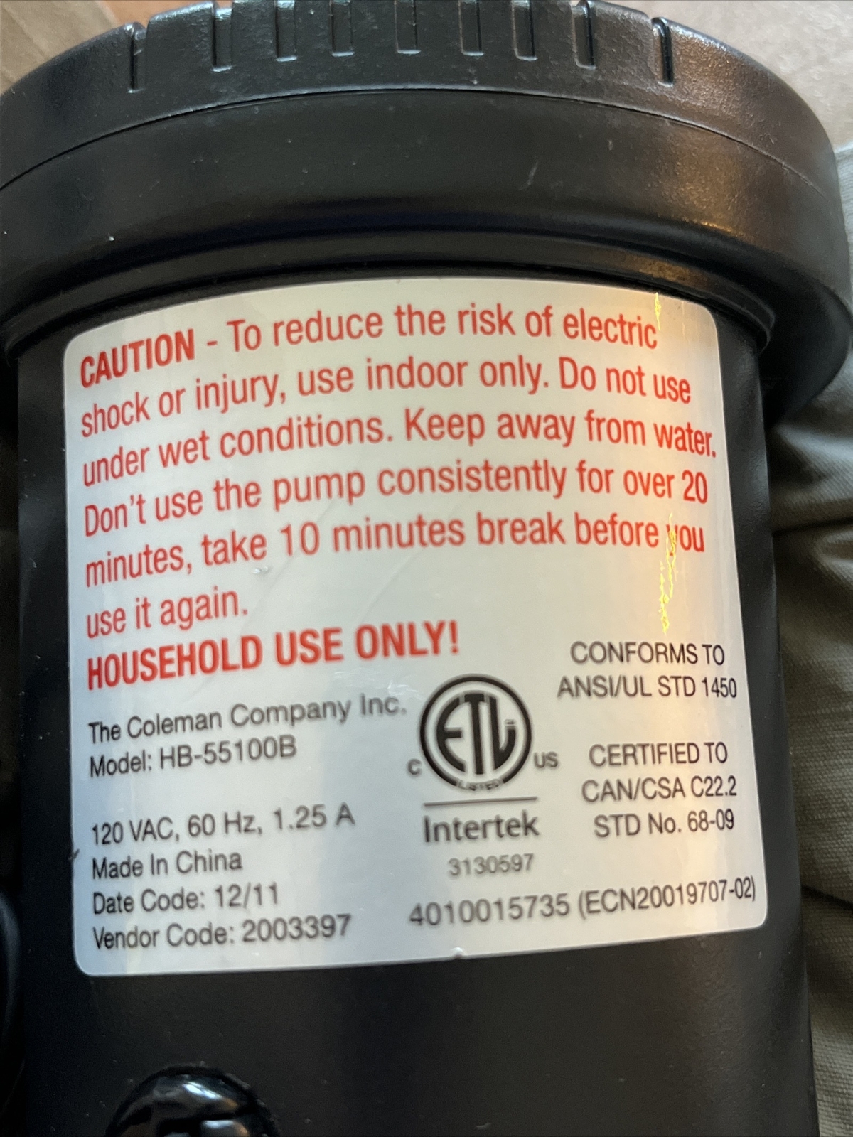 Coleman Electric Mattress Air Pump Model HB55100B NO Attachments eBay