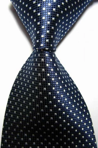 Hot! Classic Checks Dark Blue White JACQUARD WOVEN 100% Silk Men's Tie Necktie