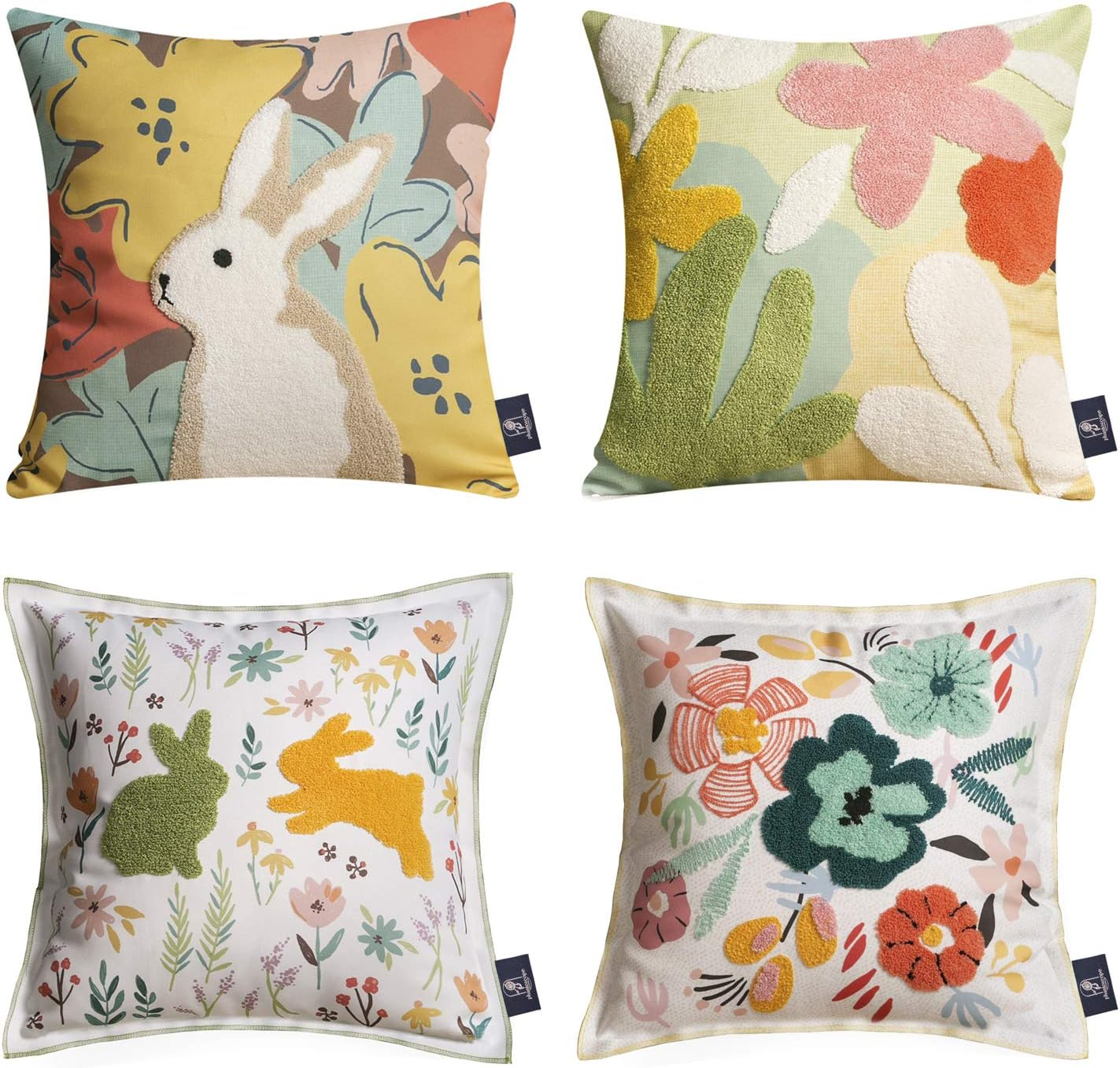 Pack of 4 Easter Cushion Covers with Colorful Flowers and Bunny Design