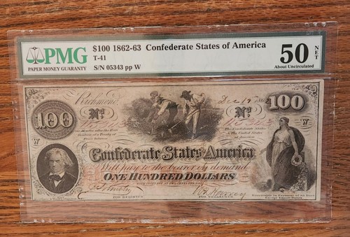1862-63 $100 Confederate States of America (CSA) T-41. AU PMG 50 Net - Picture 3 of 5
