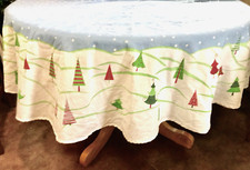 Tablecloth CHRISTMAS TREES Blue Center White Border Red  Green Trees Round 70"