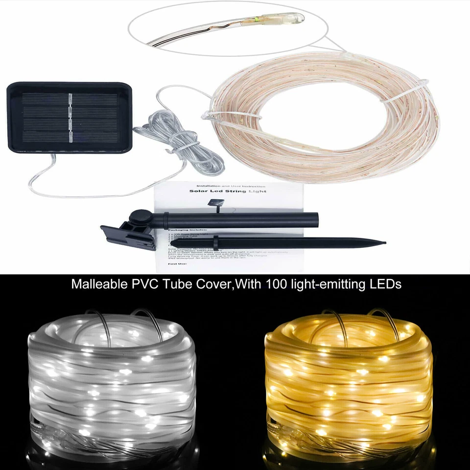 Lámpara de jardín exterior cadena de luces cuerda solar tubo luces impermeable 32 pies 100 LED Foto 4 de 4