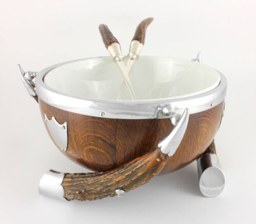 Antique English Oak, Deer Horn & Silver Plate Salad Trophy Bowl. Fruit Nut c1900 - Picture 2 of 14