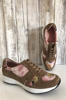 Taryn Rose Arvella Beige Suede Fashion Sneaker Blossom Floral