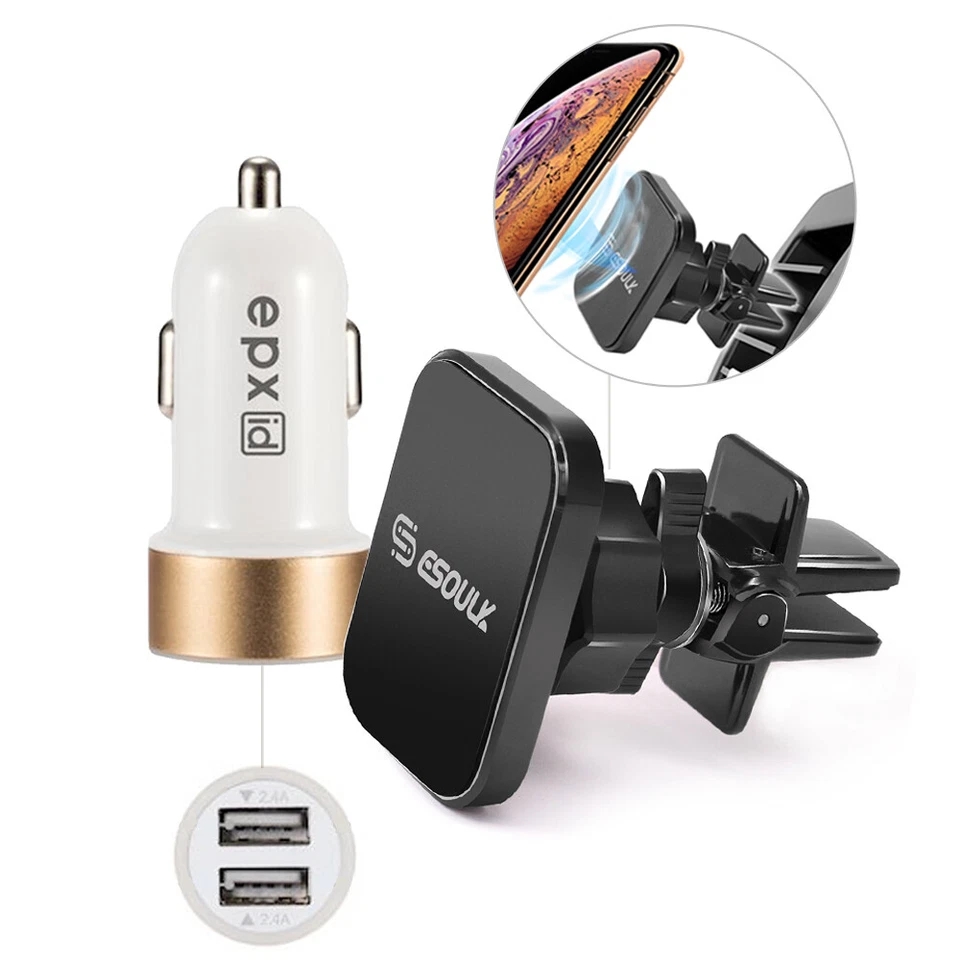 Magnetic Car Mount Holder Air Vent & Dual USB Car Charger For Uber Lyft Driver