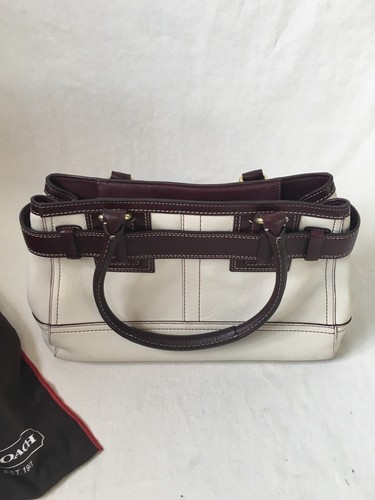 COACH EO6S 10212 White/Burgundy Pebbled Leather Double Handle Tote Purse - Picture 3 of 5