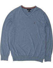 TOMMY HILFIGER Mens V-Neck Jumper Sweater Large Blue Cotton BZ10