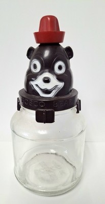 Vtg Bosco Bear 1950s Hazel Atlas Chocolate Syrup Glass Jar Piggy Bank W/ Red Hat
