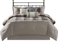 Queen Comforter Set 7 Piece Cabin Lodge Farmhouse Rustic Neutral Buffalo Plaid