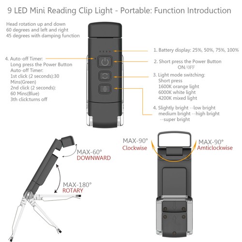 LED Clip Book Light USB Rechargeable for Reading in Bed Warm White Foldable - Photo 11/13