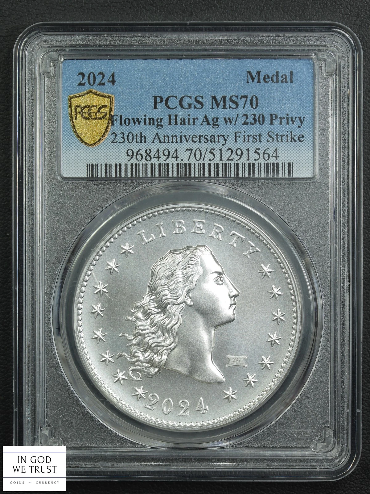 2024 230 Privy Flowing Hair Silver Medal 230 Anniversary First Strike PCGS MS 70