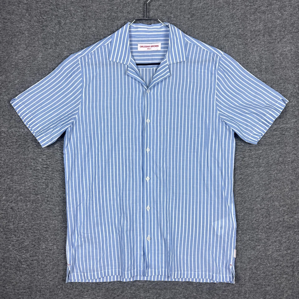 Camisa Orlebar Marrón Hombres Grande Azul Travis Cuello Campamento Manga Corta Botón Rayas Foto 2 de 4