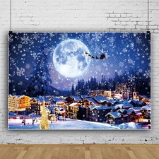 10x8ft Christmas Village Backdrop Winter Snow Night Sky Mountain Santa Photog...