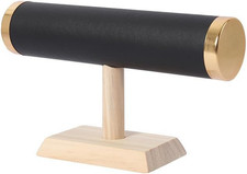 Jewelry Display T-Bar Stand   Elegant Black PU Leather  Natural Oak Wood Base,
