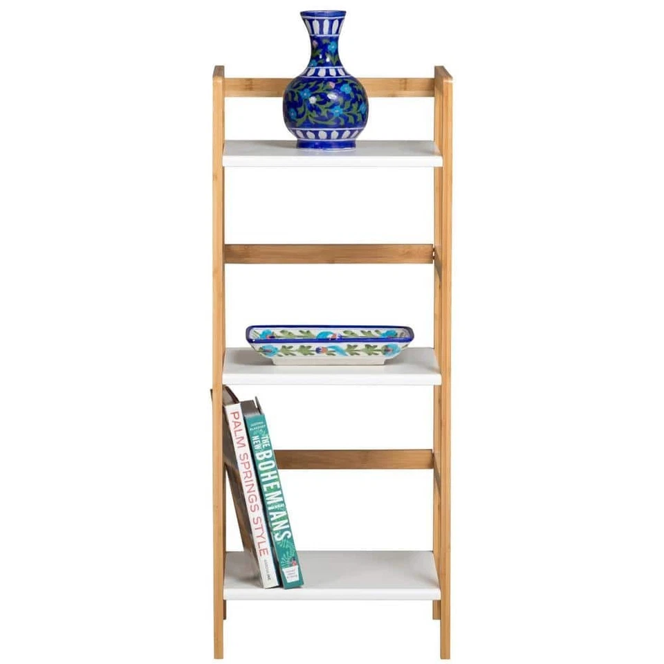 Mini Tower Bookcase 3-Tier Matte White MDF Bamboo Stackable 34"Hx 14"Wx12.75"D - Image 2 of 4