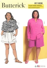 Butterick R11838 Fitted Shirt w Collar, Pleated Cuffed Shorts PLUS 30W-38W B6947