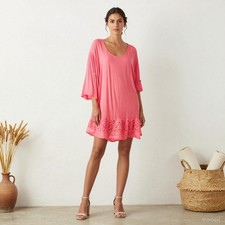 Plus Size Boho Knee Length Dress Pink Linen Shift Sleeve Lace Trim XL