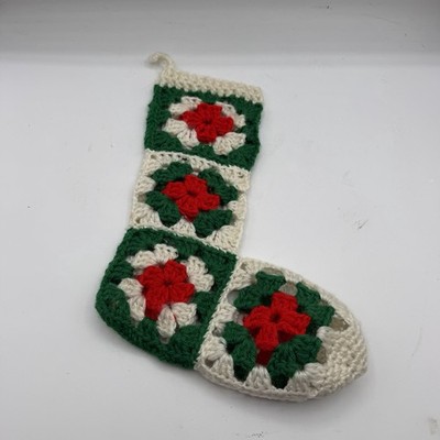 Vintage Knit Granny Square Christmas Stocking Bootie White Red Green 12.5'' Long