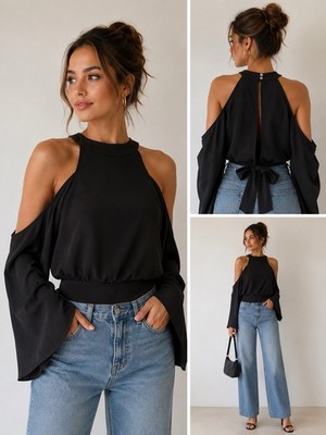 NWT Express Black Cold Shoulder Halter Blouse Tie Back Bell Sleeve Top $49 MSRP