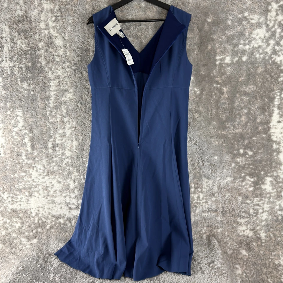 全新 Lands End 尺码 10 Midi 喇叭连衣裙蓝色 V 领无袖拉链弹力全新带标签 — 第 3/4 张图片