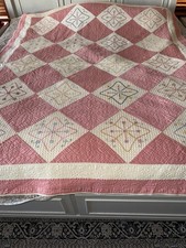 Antique Hand Embroidered Floral Pink/Off White Cotton Patchwork Quilt 84  x 68  