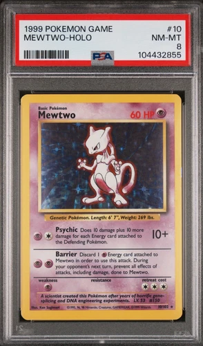1999 Pokémon Base Set Mewtwo #10 English Unlimited Holo Rare 10/102 PSA 8 NM-MT