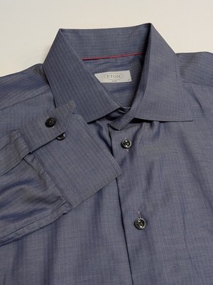 Eton Slim Fit Dress Shirt Mens 17 43 Navy Blue Twill 100% Cotton Long Sleeve EUC